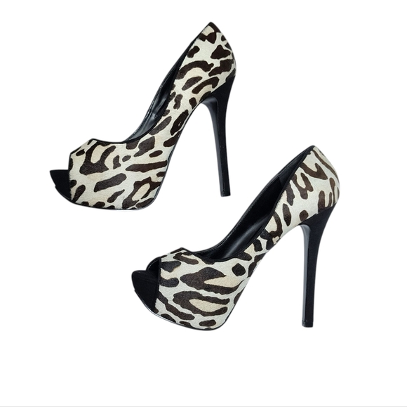 Aldo Faur Fur Leopard Print Peep Toe Genuine Leather Stiletto Heels 8 - Picture 3 of 9